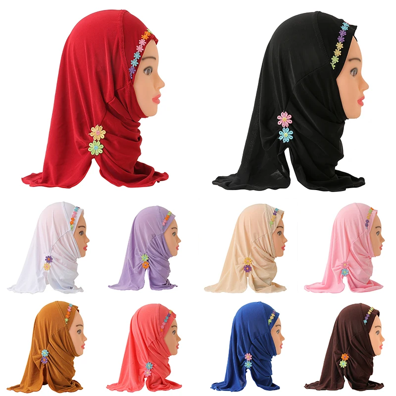 Muslim Girls Hijab Scarf Handmade Flower Applique Islamic Kids Turban Plain Headwrap Shawl Elastic Burqa for 2-7 Years Children |