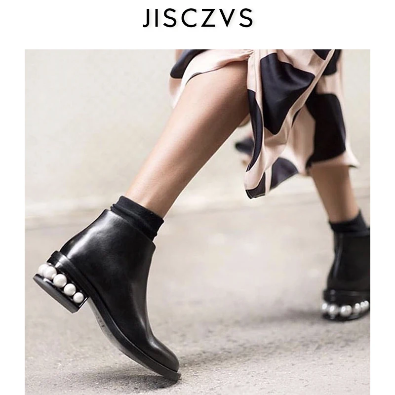 

Pearl Square Toe High Heels Pointed Toe Warm Women Metal Buckle Office Lady Ankle Boots Brand Pearl Heels Winter Platform Shoes
