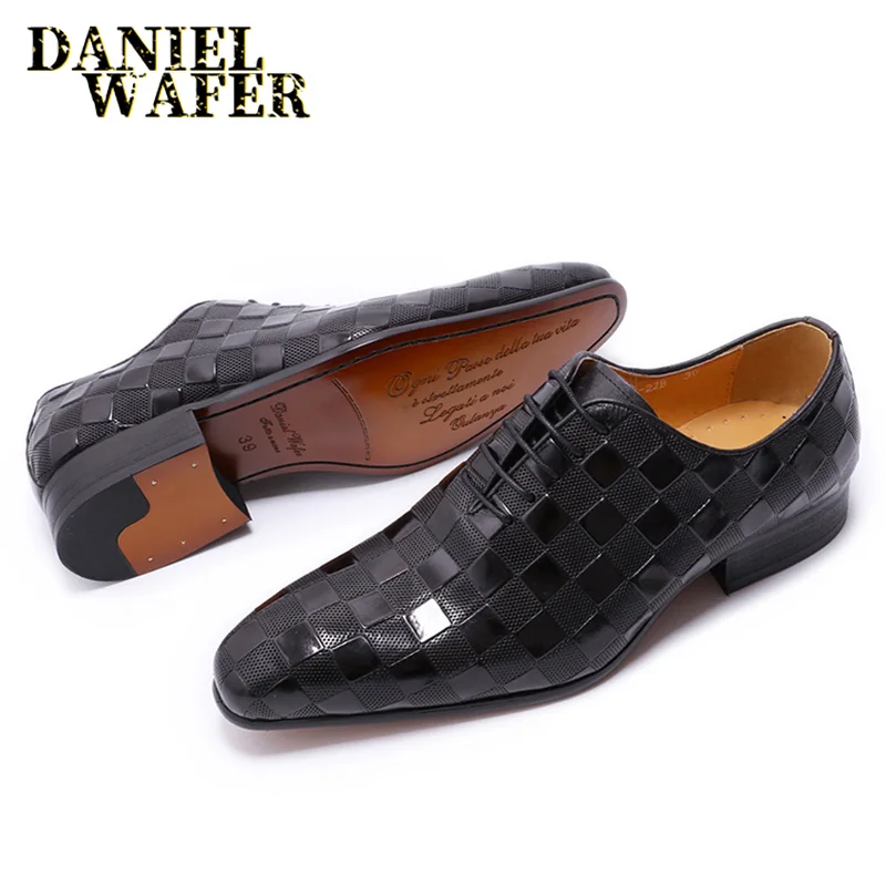 LUXURY ITALIAN LEATHER SHOES MEN NEW FASHION PLAID PRINTS LACE UP BLACK BROWN WEDDING OFFICE SHOES FORMAL OXFORD SHOES FOR MEN