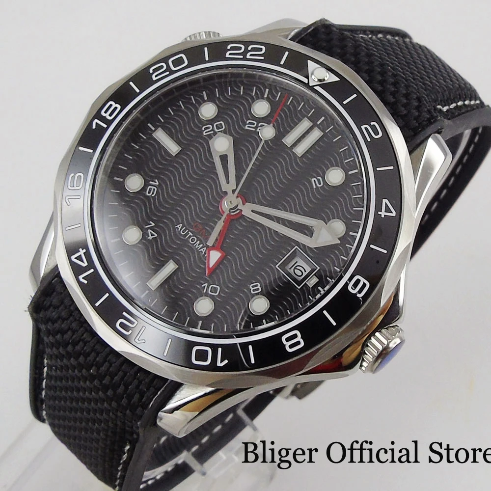 BLIGER черный GMT автоматический механизм резинкой Дата Функция Нержавеющая сталь
