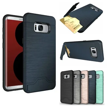 

For Samsung Galaxy S7 S7 Edge S8 S8+ S9 S10 Note10 Plus brushed card holder Anti fall case with bracket full protective cover