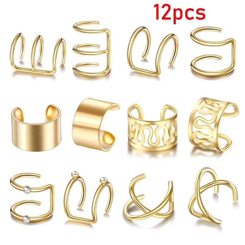 12pcs/set Fashion Gold Color Ear Cuffs Leaf Clip Earrings for Women Climbers No Piercing Fake Cartilage Earring Accessories Gift