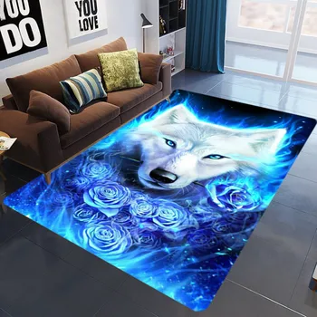 

Blue Flowers Wolf Dog 3D Printed Carpets for Living Room Bedroom Area Rugs Kids Room Crawl Mats Crystal fleece Child Play Carpet