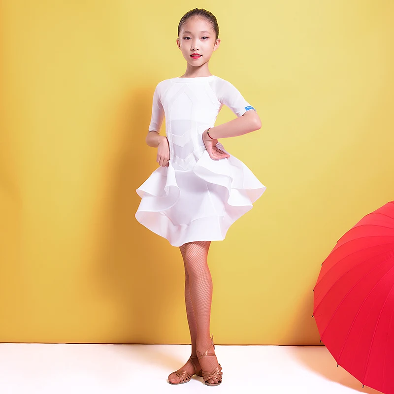 Бальные платья с коротким рукавом и рюшами для латинских танцев, цельные платья для маленьких девочек/детские танцевальные костюмы одежда для выступлений G3273