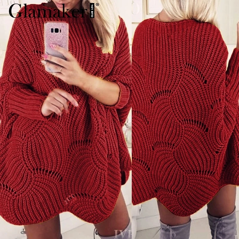 Glamaker вязаный свитер с рукавами «летучая мышь», розовые зимние вязаные пуловеры, теплая Сексуальная уличная одежда, джемпер, женский осенний свитер - Color: Red