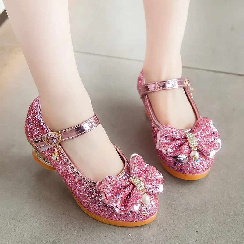 Kid Girls Princess Dress Glitter Sequin High Heels Sandals Shoes Size UK Party 