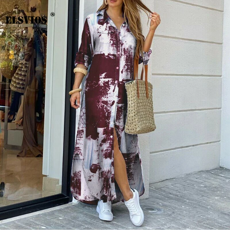

Autumn Sexy Fashion Collar Long Sleeve Shirt Dress Print Casual Button A-line Dress Pocket Elegant Office Lady Party Shirt Dress