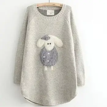 

Fall Winter Women Cute Sheep Patch Cartoon Long Sweaters Knitted Loose Pullovers Knit Long Sleeve Sweaters Jumper