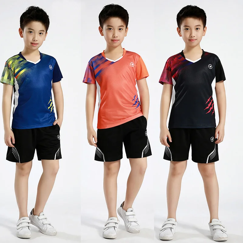 Теннисные футболки для мальчиков и девочек, быстросохнущая теннисная футболка с круглым воротником, одежда для бадминтона для девочек, комплект для мальчиков, футболка и шорты