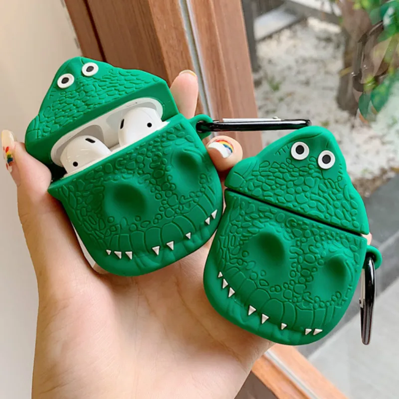 

Bluetooth Earphone Case for Airpods 1 2 Cute Silicone Protective Cover Accessories with Keychain 3D Stereoscopic Green Dinosaur