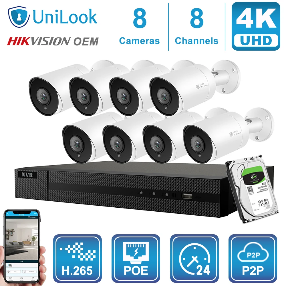 Hikvision OEM 8CH 4 к NVR 8MP пуля POE IP Камера 4/6/8 шт. открытый системы безопасности ONVIF H.265 CCTV NVR Наборы с 1/2/4 ТБ HDD - Цвет: 8 Bullet Cams Kit