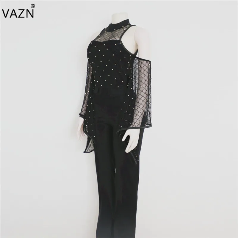 VAZN XL9806 юная леди нот Сексуальные вечерние модные черные кружевные вышитые бисером с открытыми плечами Топ длинный рукав прямой женский комбинезон