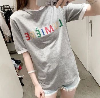 

Women T-shirt 2020 Summer Glitter Colorful Letter Printed Short SleeveT-shirt Gray Round Neck Top Women