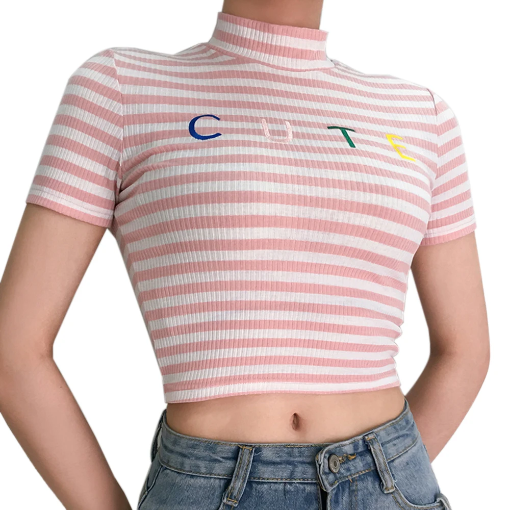 

2019 Hot sale Short tight-fitting half-high collar pink striped letters embroidered T-shirt female short-sleeved casual top
