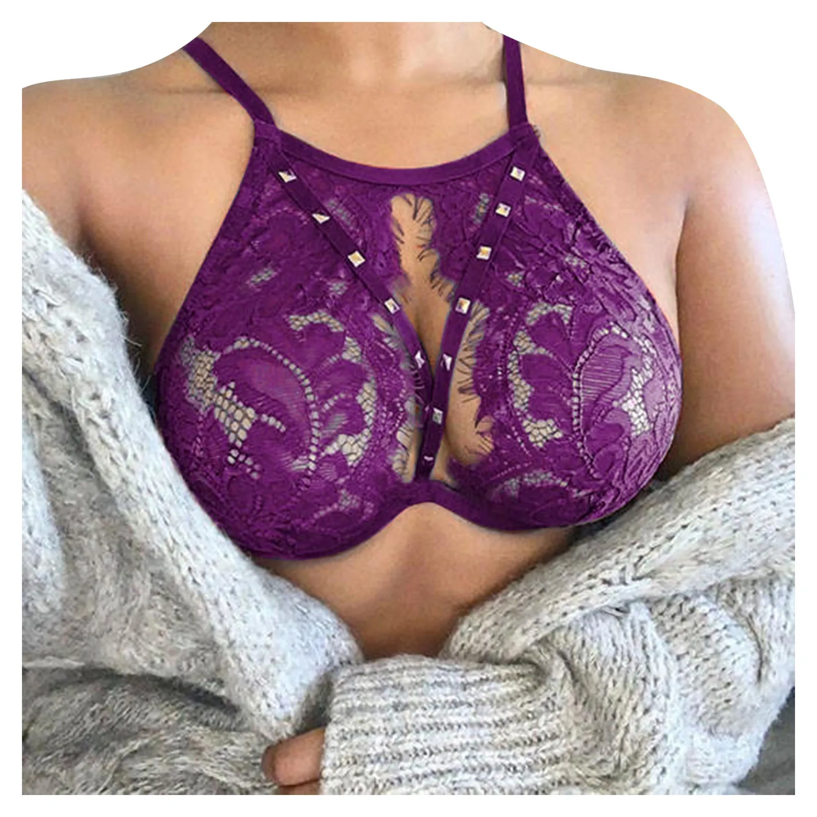 Solid Color Ladies Rivets Push-up Bra Cross Strap Lace Patchwork Hollow Bandage Suspenders women bra,erotic lingerie