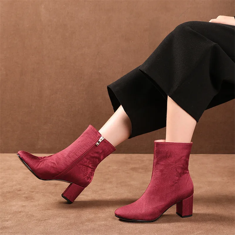FEDONAS Vintage Prints Silk Women Ankle Boots Elegant Female Short Chelsea Boots Party Prom Shoes Woman Big Size Square Heels