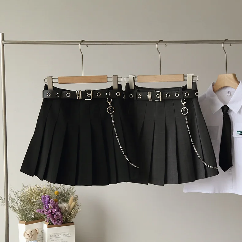 brown skirt High Waist Solid Pleated Skirts Woman Harajuku Belt Chic A-Line Skirt Woman's Retro Simple Black Mini Skirt Women Summer 2021 silk skirt