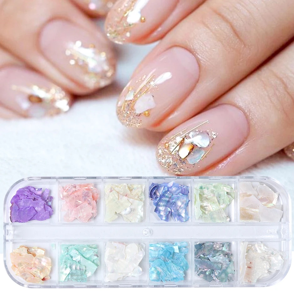 Grid Glitter Abalone Shell Flakes for Nail Art Decoration 3D Charms Spring Summer Slices DIY Paillette Accessories 6/12