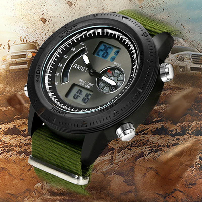 3ATM водонепроницаемые мужские часы AMST военные спортивные Аналоговые наручные с