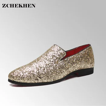 

Europe Bling Flat Leather Shoes Rhinestone Fashion Mens Loafer Dress Shoes Men Casual Diamond Pointed Toe Shoes Gold Silver #33