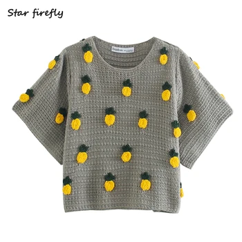 

Star firefly fashionable Za sweater women 2020 spring new round neck pineapple pattern stitching short-sleeved short sweater