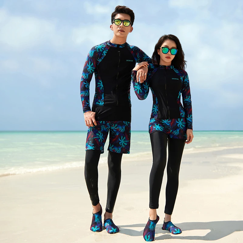 Long Sleeve Rash Guard Women Print 5 Pieces Swimsuit Zipper Swimwear  Bathing Suits Surfing Pad Long Pant Couples Men 3 pieces