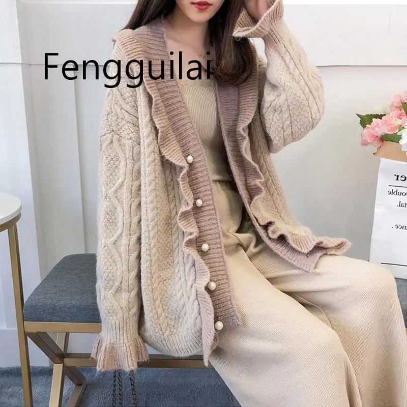 FENGGUILAI Korean Cardigan Sweater For Women V Neck Flare Sleeve Loose Ruffles Hit Color Sweaters Coats Female Fashion New Autum