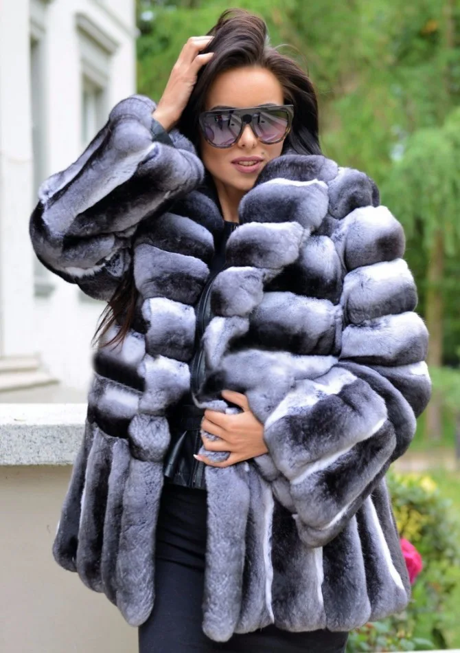Flash Deal New Women Real Chinchilla Rex Rabbit Fur Coat From Natural With Big Turn-down Collar Skin Rex Rabbit Fur Jacket Genuine RB-067 2