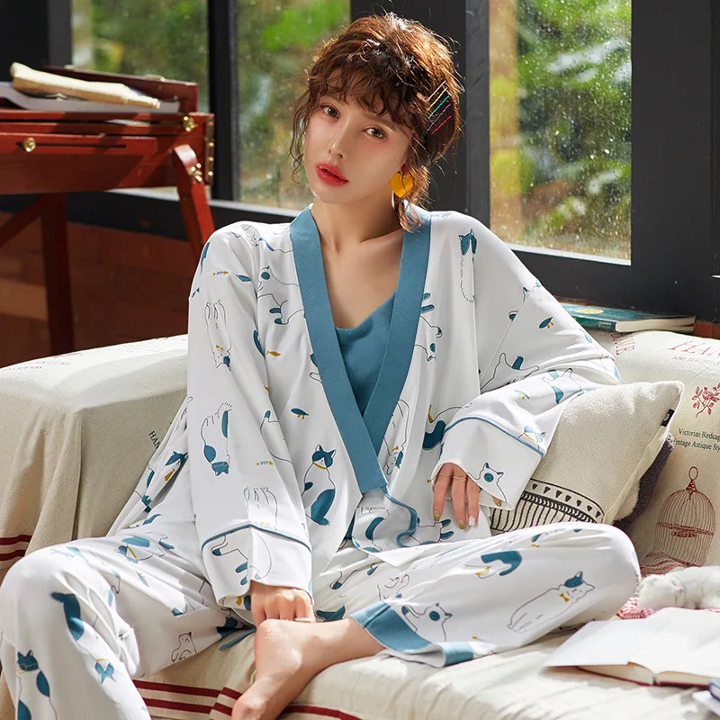 

3984 # Blue And White Kitty AQT Pure Cotton Sexy Spaghetti Strap Pajamas Tracksuit Three-piece Set Series