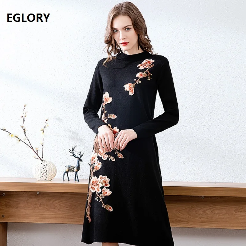 #Special Offers High Quality Knitted Dress 2019 Winter Warm Sweater Dress Women Floral Embroidery Long Sleeve Black Red Dress Soft Knitwear