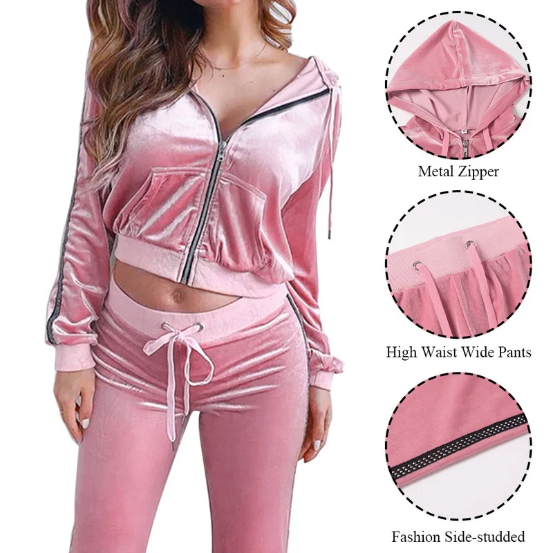 Laamei осенние комплекты из двух предметов женские повседневные Бархатные розовые куртки с капюшоном на молнии эластичные брюки для тренировок спортивный костюм