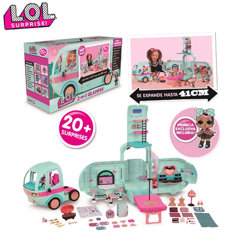 

LOL SURPRISE DOLLS Toy GLAMPER VAN Original 2-IN-1 Picnic CAR with 20 L.o.l Surprise Airplane Toys Model Set Gifts for Girls