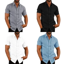 Высокое качество распродажа дешевые летние однотонный лацкан с коротким рукавом Кнопка Мужская льняная мужская рубашка одежда