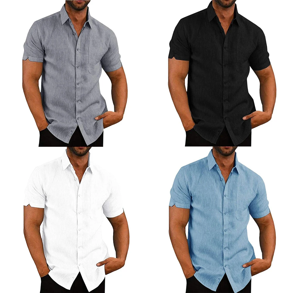 

2019 New Summer Men's Linen Shirt Lapel Solid Color Short-Sleeve Button Autumn Casual Loose Top Male Breathable Plus Size M-3XL
