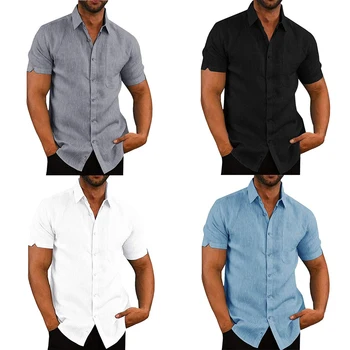

2019 New Summer Men's Linen Shirt Lapel Solid Color Short-Sleeve Button Autumn Casual Loose Top Male Breathable Plus Size M-3XL
