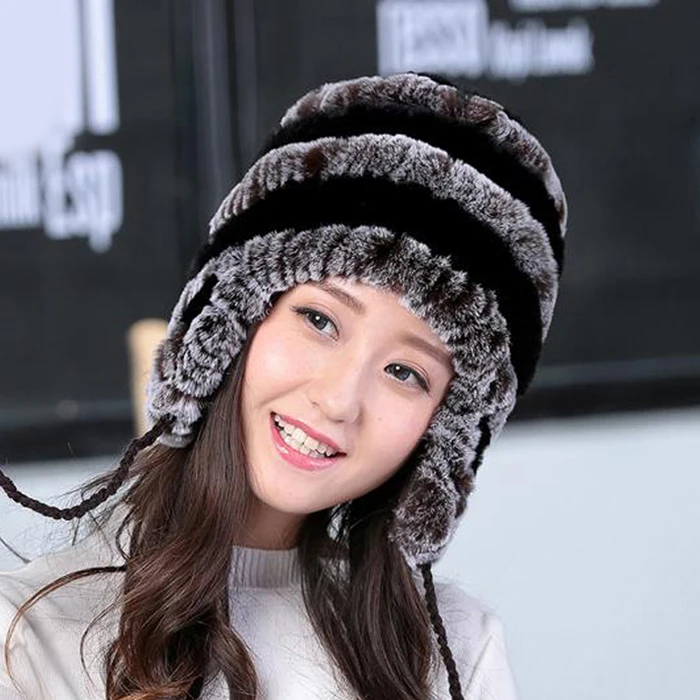 Lady Real Fur Earflap Hats Women Natural Rex Rabbit Fur Beanies Cap Russian Winter Warm Genuine Fur Hat Wholesale - Цвет: black coffee