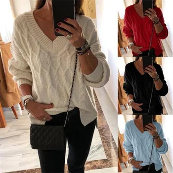 

2019 autumn and winter new fashion solid color sweater female twist twist v-neck split fork sweater