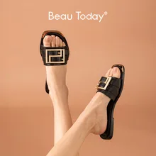 BeauToday Casual Slippers Women Cow Leather Flat Heel Toe Sandals Metal Detailed Female Summer Beach Shoes Handmade 36218