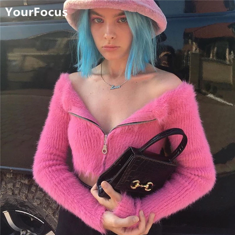 

fall 2019 cute kawaii slash neck pink hairy pull femme sweater short knitted zipper cardigan long-sleeve