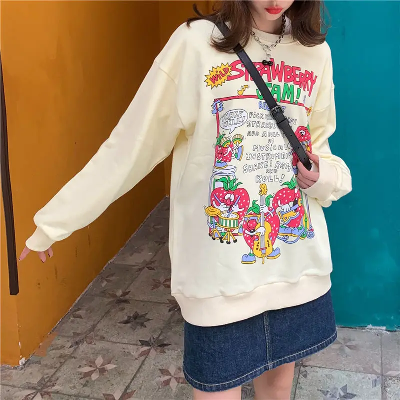 2021 New Harajuku Retro Top Strawberry Print Hoodie Women Loose Streetwear Sweatshirt American Retro Oversized Pullover