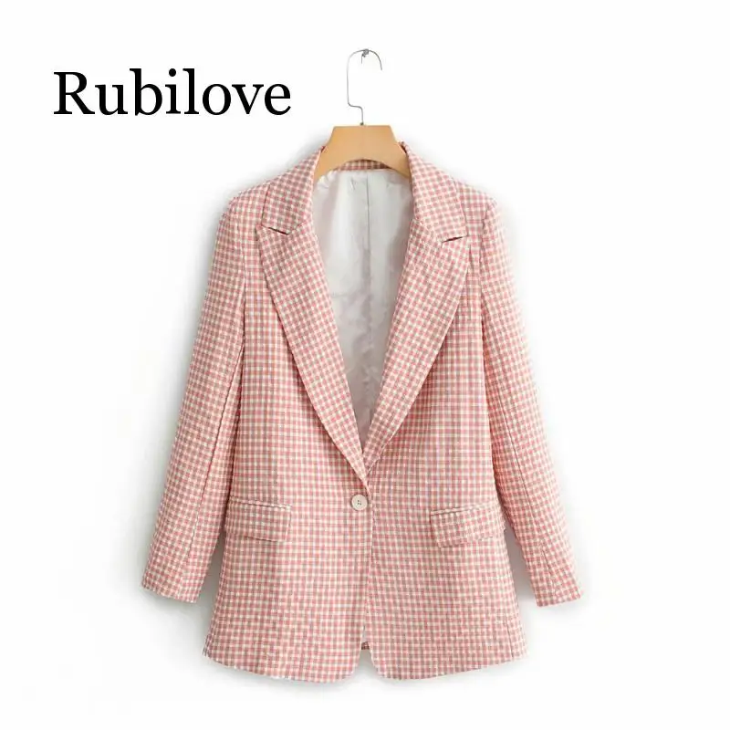 

Rubilove 2019 Spring-Autumn Women Plaid Blazer Female Fashion Red-White Plaid Single Button Blazers For Office Lady Outwear