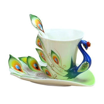 

Handmade Chinese enamel porcelain coffee cup, spoon & saucer set, green