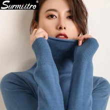 Женский свитер-водолазка SURMIITRO, кашемир теплый эластичный джемпер, вязаный пуловер в офисном стиле на осень и зиму