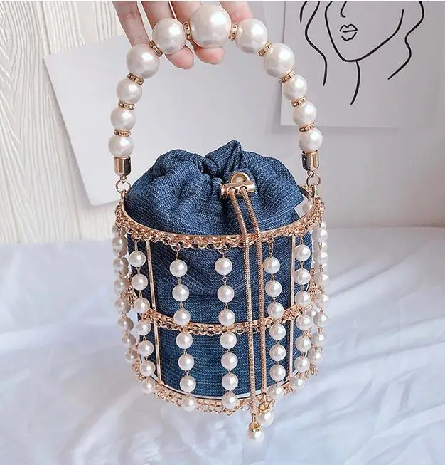 New Pearl blue Роскошные женские вечерние сумочки на цепочке с металлическим ковшом, бриллиантами и жемчужной ручкой, женская сумка через плечо, сумка через плечо - Цвет: New Pearl blue