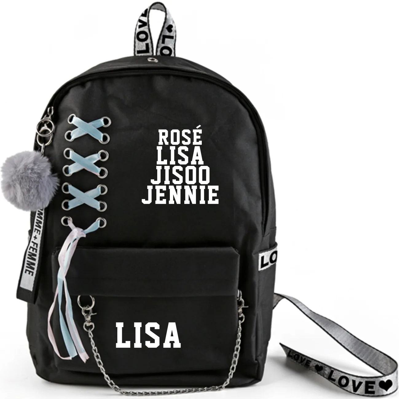 Kpop Черный розовый рюкзак большой емкости школьная сумка с перекрещенной лентой плюшевый шар кулон Travel JENNIE JISOO Лиза Роза дорожная сумка - Цвет: LISA-2
