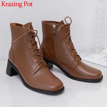 

Krazing Pot winter basic concise leisure style genuine leather square toe high heels solid fashion lace up warm ankle boots L71