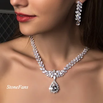 

StoneFans Wedding Necklace and Earring Set for Bride Dubai Nigeria CZ Luxury Cubic Zirconia Jewelry Set Waterdrop Bling Necklace