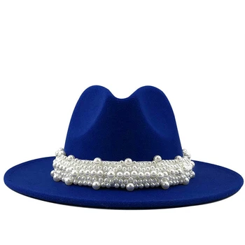 Women Men Wool Fedora Hat With Pearl Ribbon Gentleman Elegant Lady Winter Autumn Wide Brim Church Panama Sombrero Jazz Cap 60CM 1