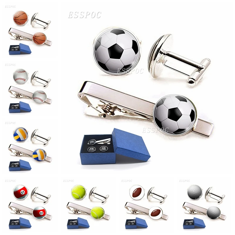 

High Quality Sports Series Soccer Mens Cufflinks &Tie Clips Glass Alloy French Romance Suit Shirt Wedding Accessories