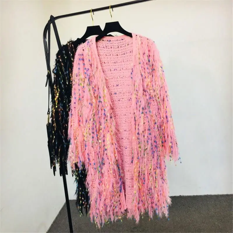 Women Autumn Sequins Tassels Sweater Coat Crocheted V-Neck Fluffy Outwear Color Fringed Velvet Long Knitted Jacket